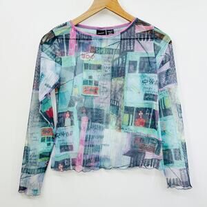 Y2K Xhilaration‎ Micro Mesh Long Sleeve Sheer Graphic Shirt Size Medium